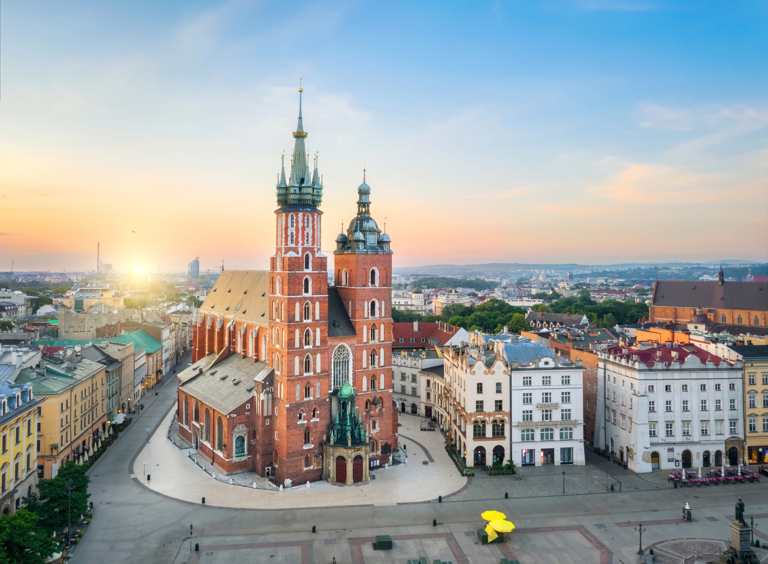 Aerial view of  St. Mary's Basilica in Krakow, Poland
